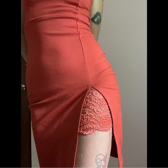 Orange Dress with Side Slit & Lace Detail, Medium, Sleeveless, Spaghetti Straps - Picture 4 of 13